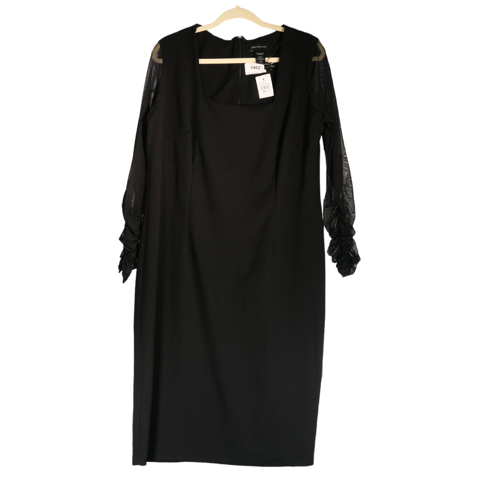 NEW Ashley Stewart Midi Dress Womens Size 18 20 Black Stretch Sheer Sleeves Boho